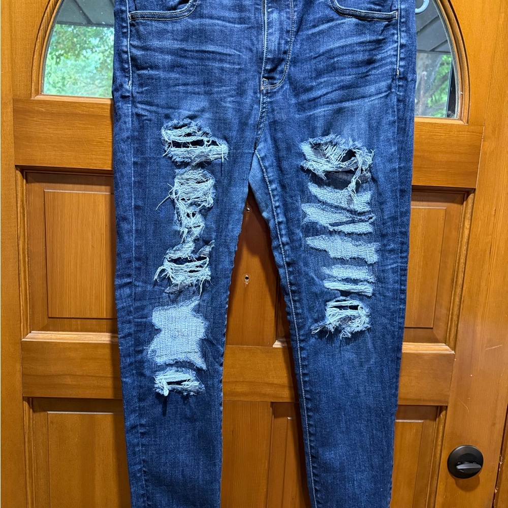 American Eagle Outfitters Blue Skinny Jeans with Distressed Design